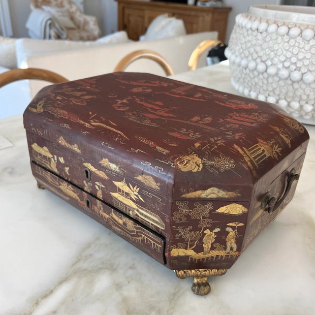 Antique 19th Century Finely Painted Oxblood Chinese Export Lacquered Sewing Box For Sale - Image 4 of 9