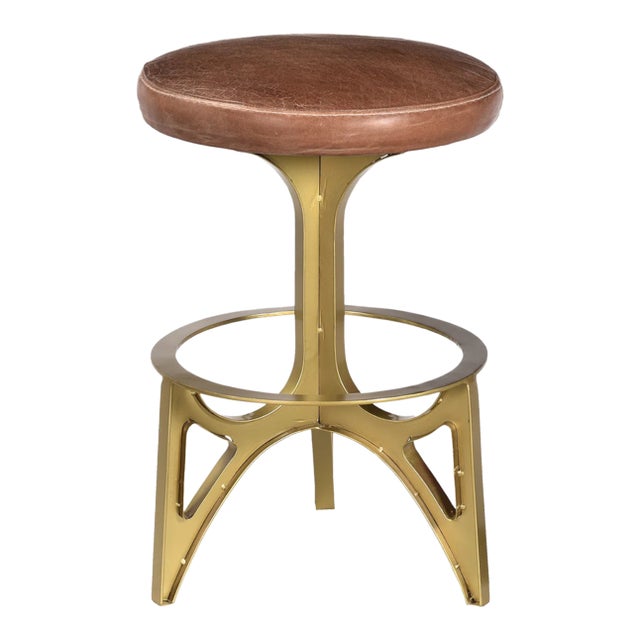 Matthew Izzo Home Ersa Brass Finished and Leather Counter Stool For Sale