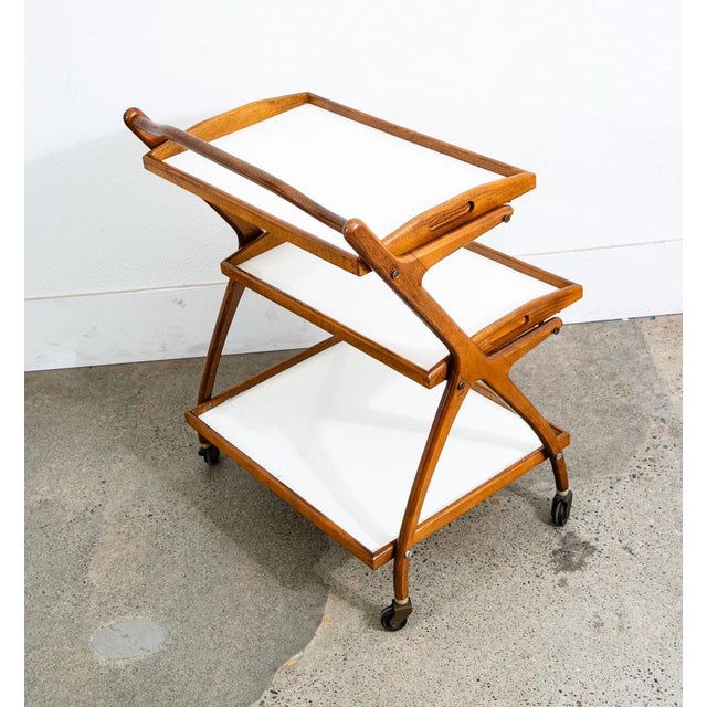 1960s Mid Century Danish Modern Serving Cart Italian Bar Tray Trolley Rolling White For Sale In Sacramento - Image 6 of 12