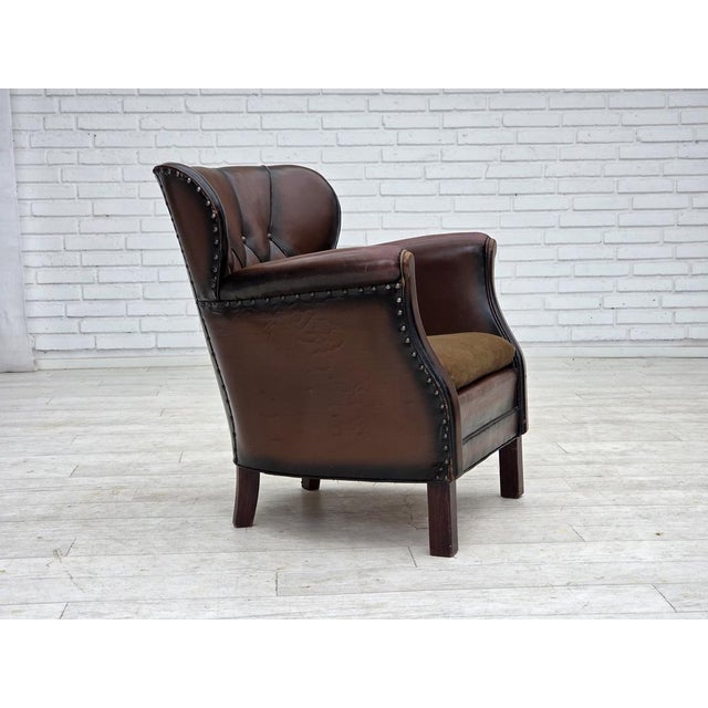 Brown Vintage Danish Lounge Chair in Brown Furniture Leather and Velour, 1930s For Sale - Image 8 of 18