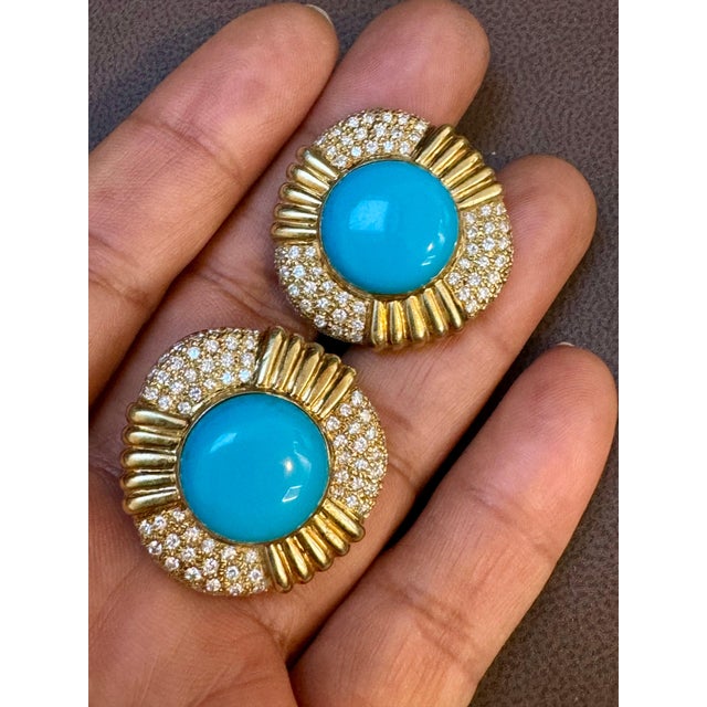 16 Ct Oval Sleeping Beauty Turquoise 3 ct Diamond Stud Earrings 14 K Yellow Gold For Sale In New York - Image 6 of 18