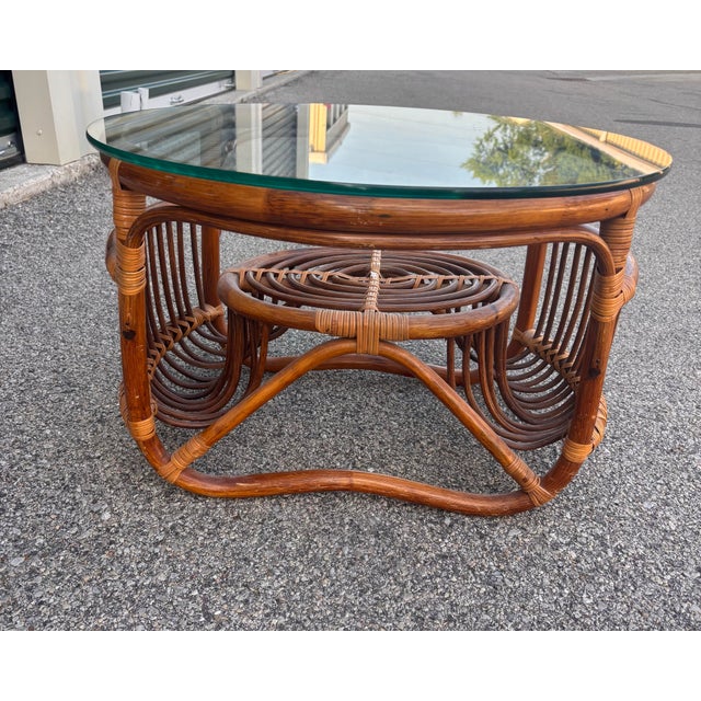 Franco Albini 1970s Italian Mid Century Rattan and Glass Coffee Side Table For Sale - Image 4 of 12