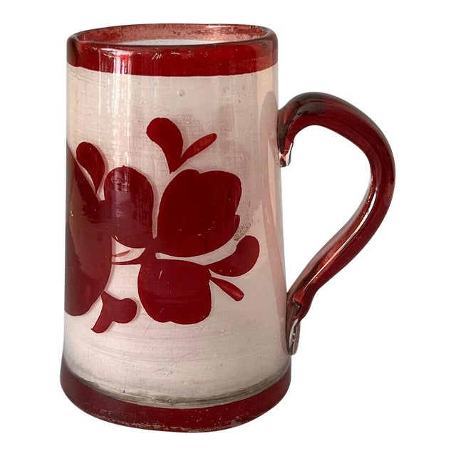 Vintage Oxblood Red on Frosted Clear Cameo Art Glass Handled Tumbler For Sale