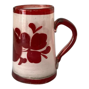 Vintage Oxblood Red on Frosted Clear Cameo Art Glass Handled Tumbler