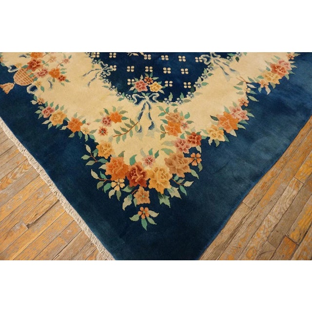 1930s Blue Navy Roses 4 Star Antique Chinese Art Deco Carpet 9' X 11'4" Knotted Wool Rug For Sale - Image 11 of 14