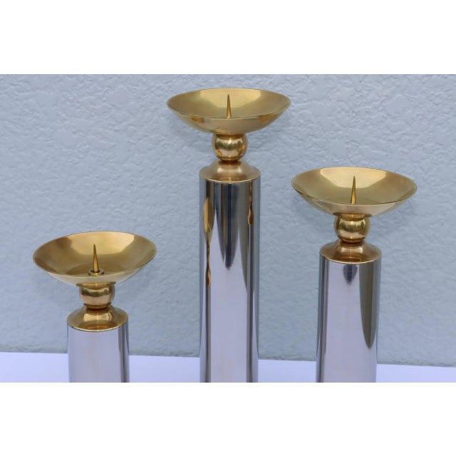 Brass 1980's Brass And Chrome Karl Springer Style Candle Holders - Set of 3 For Sale - Image 8 of 12