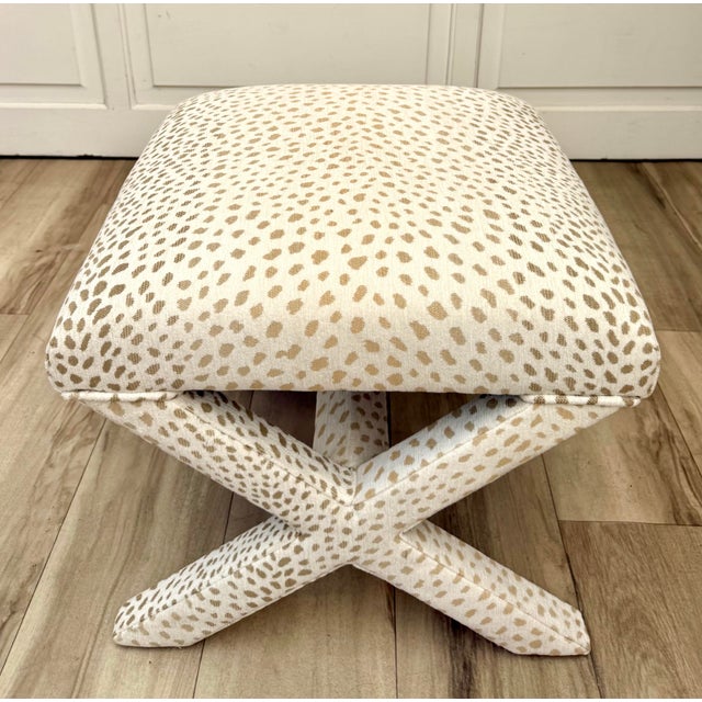 Cream Vintage X-Frame Stool in Cream & Tan Animal Print Upholstery For Sale - Image 8 of 10