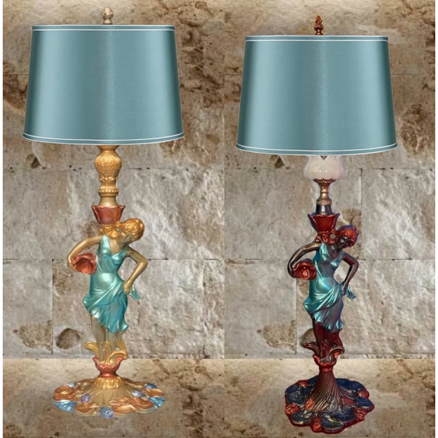 Auguste Moreau Vintage Water Nymph Spelter Table Lamps - a Pair For Sale - Image 4 of 12