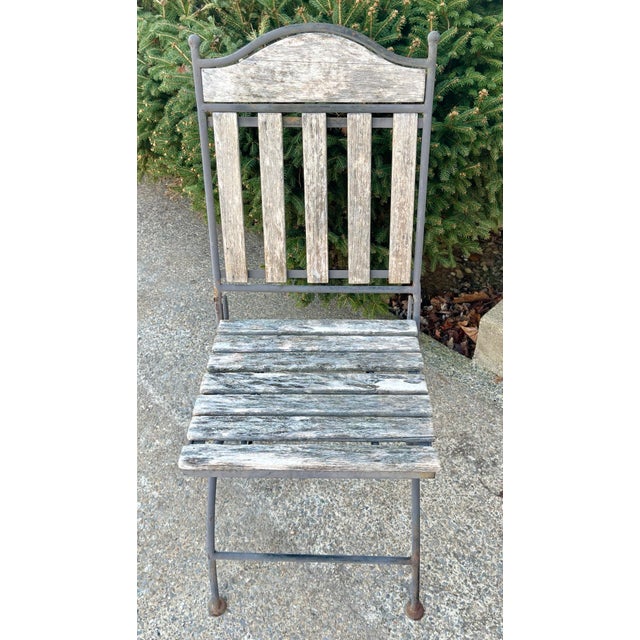 Tan Pair (2) Vintage French Wood & Metal Folding Bistro Chairs Wrought Iron Frame and Teak Slats For Sale - Image 8 of 12