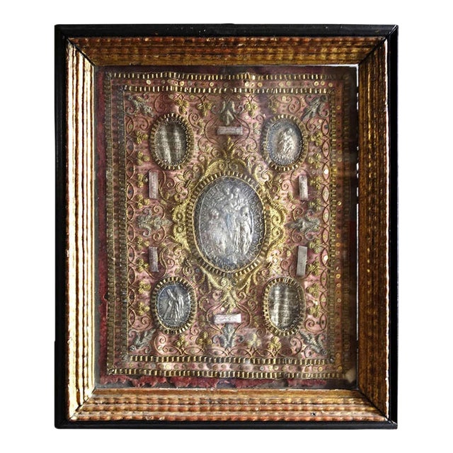 18th Century Austrian Reliquary Cloth, Saint Relics, Gold Thread Embroidery For Sale