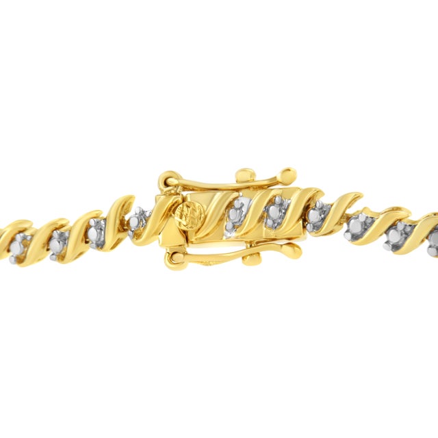 Early 21st Century 10K Yellow Gold Plated .925 Sterling Silver 1/2 Cttw 2-Prong Set Diamond S Link Tennis Bracelet (I-J Color, I3 Clarity)- 7.25" For Sale - Image 5 of 7