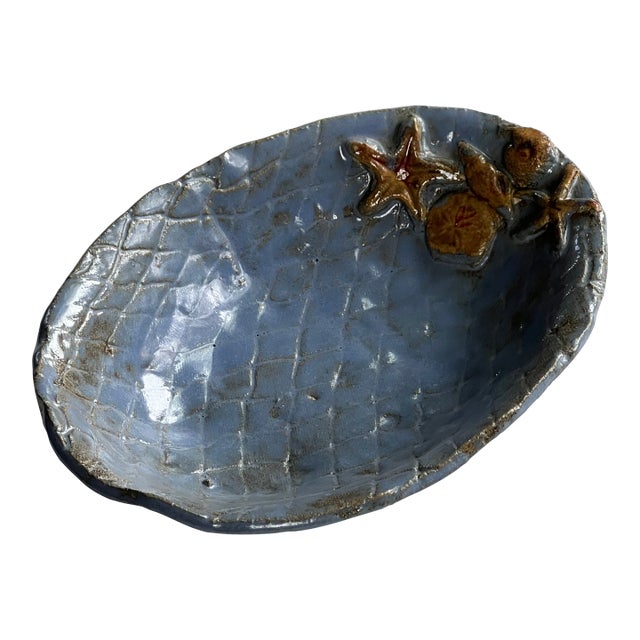 Handmade Blue Oval Pottery Serving Bowl With Shell Details For Sale