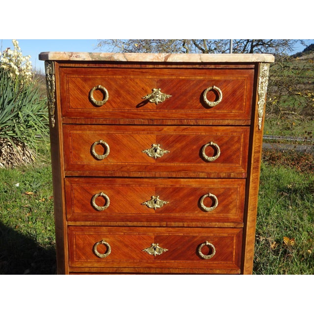 Louis XVI Marquetry Chest of Drawers in Wood with Bronze and Marble For Sale - Image 4 of 18
