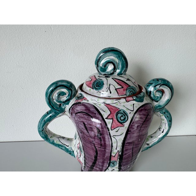 Vintage Italian Hand Painted Abstract Motif Sculptural Art Pottery Vase With Lid, Signed For Sale - Image 11 of 12