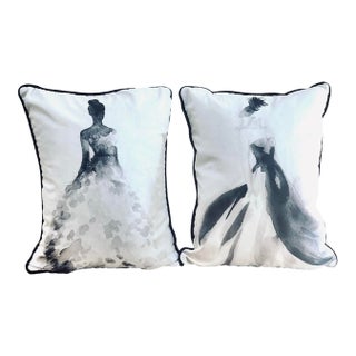 Black and White Watercolor Fashion Illustration Pillows With Velvet Backing - Set/2 For Sale