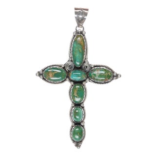 Late 20th Century Large Native American sterling green turquoise cross pendant For Sale