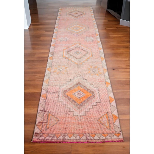 Hand-Knotted Turkish Runner Rug . Low Pile Hallway Kitchen Decor - 3′ × 12′3″ For Sale - Image 4 of 18