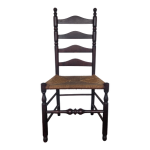Antique American Hand-Turned Ladder Back Chair W/ Woven Rush Seat