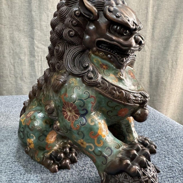 Dark Green Pair of Large Chinese Cloisonné Enamel Buddhist Lion Statues For Sale - Image 8 of 9