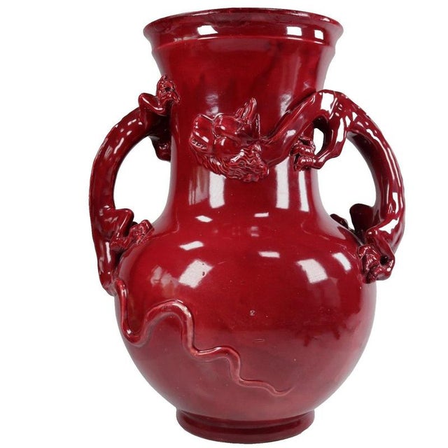 19th Century Chinese Sang de Boeuf Glazed Ceramic Dragon Vase with Relief Handles, 1890s For Sale - Image 5 of 13
