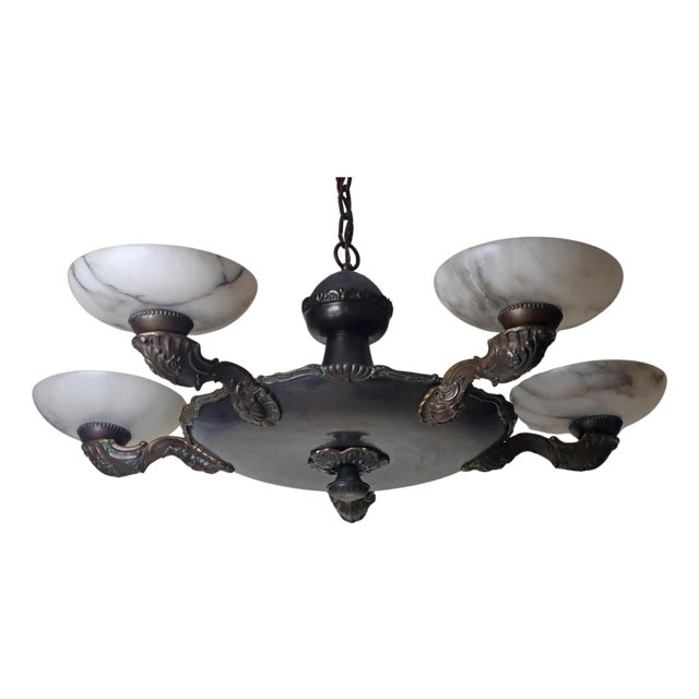 Art Deco Alabaster Chandelier with Floral Decorations, 1930s For Sale