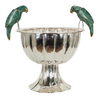 Large Vintage Silverplate Wine Cooler or Bowl With Birds by Emilia Castillo For Sale