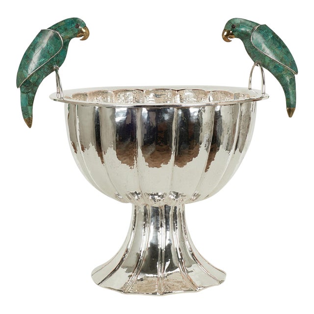 Large Vintage Silverplate Wine Cooler or Bowl With Birds by Emilia Castillo For Sale