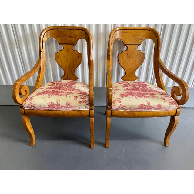 Vintage Drexel Heritage chestnut colored wood Beidermier style scrolled arm chairs. These chairs are condusive to empire...
