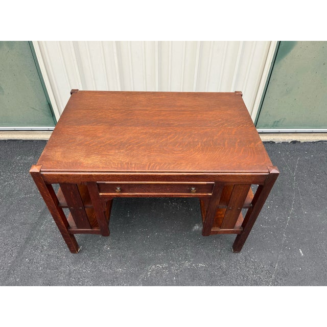 Mission Early 1900s Limberts Quartersawn Oak Arts & Crafts Desk With Side Bookshelves For Sale - Image 3 of 12