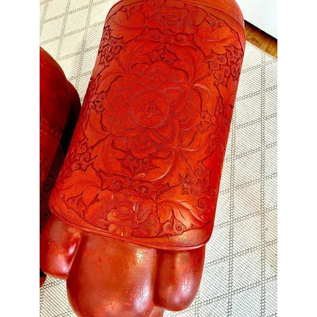 Mid 20th Century Mid 20th Century Red Cinnabar Hand Carved Asian Elephants with Brass Tusks - A Pair For Sale - Image 5 of 12