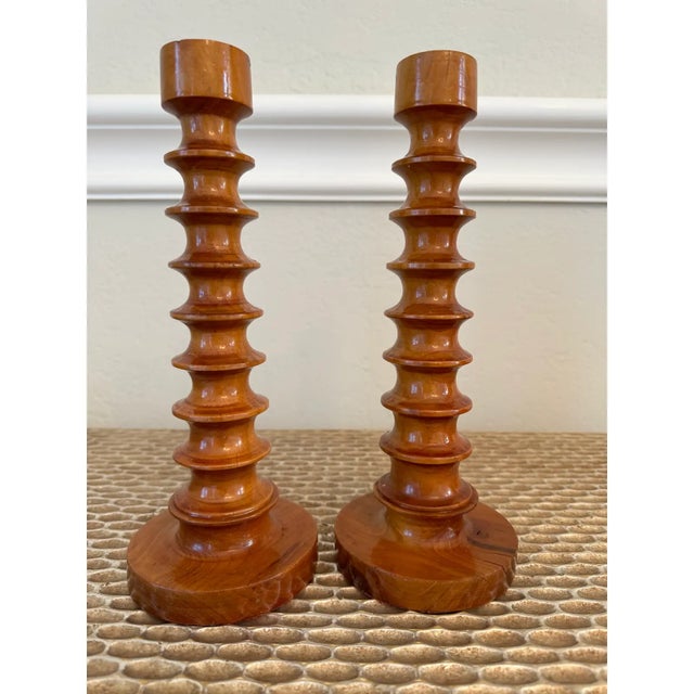Vintage Handcarved 11” Walnut Modernist Candleholders -A Pair For Sale - Image 16 of 16