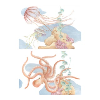 "An Octopus's Garden and Don't be Jelly" Contemporary Jellyfish and Octopus Acrylic Diptych Paintings by Allison Cosmo - a Pair s For Sale