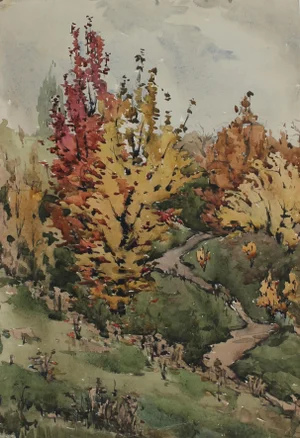 1970s Autumn Trees Soviet Impressionist Watercolor