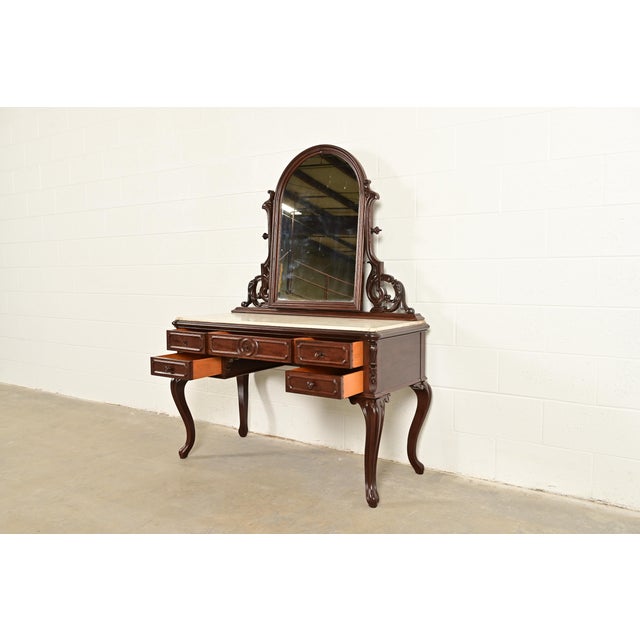 Mid 19th Century Alexander Roux Antique French Rococo Carved Mahogany and Marble Top Vanity Dressing Table With Mirror, Newly Refinished For Sale - Image 5 of 14