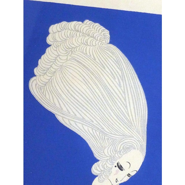 Art Deco advertising poster for Hahn Oil, stylized illustration of a woman with immense silver hair on a cobalt blue...