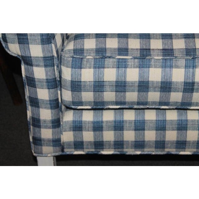 20th C Wingback Love Seat in Blue and White Check Homespun Linen For Sale - Image 4 of 7