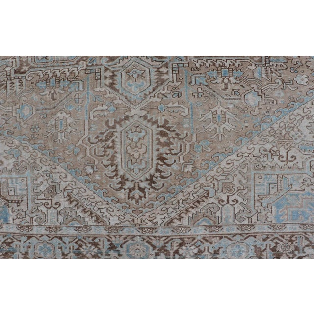 Early 20th Century Antique Persian Heriz Rug With Geometric Design in Taupe, Tan, Brown and Lt Blue For Sale - Image 10 of 13