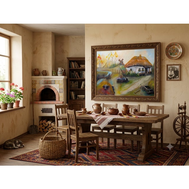 Textile Tetiana Andriyovych Rustic Village Scene With Thatched Roof House, Windmill, Cow – Autumn Landscape Art For Sale - Image 7 of 8