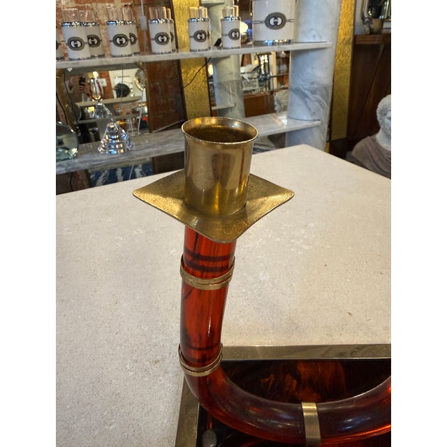 Italian Italian Tortoiseshell Lucite and Brass Double Candlestick, 1970s For Sale - Image 3 of 7