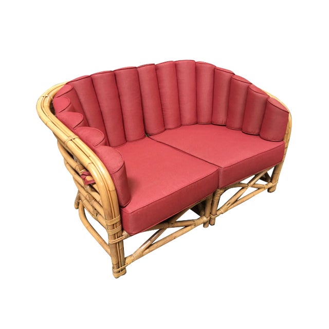 Restored Vintage Art Deco Rattan Shell Back Rattan Sectional Loveseat Sofa For Sale