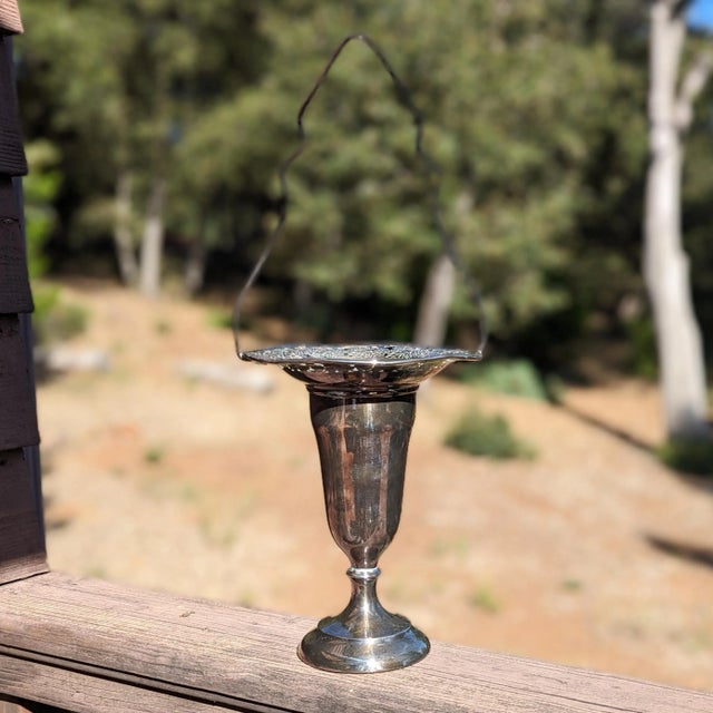 Antique Silver Plated Reticulated Stem Vase Flower Basket With Lead Weighted Flower Frog and Handle, Made in Canada For Sale - Image 4 of 11
