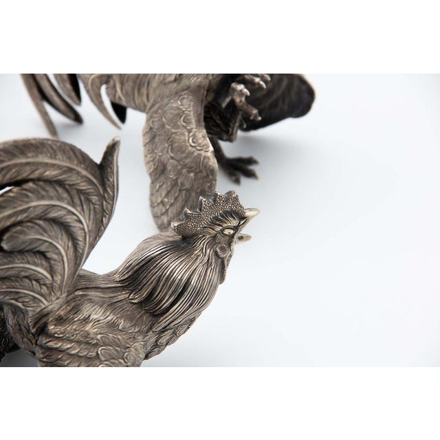 Embossed Silver Fighting Cocks, Set of 2 For Sale - Image 6 of 6