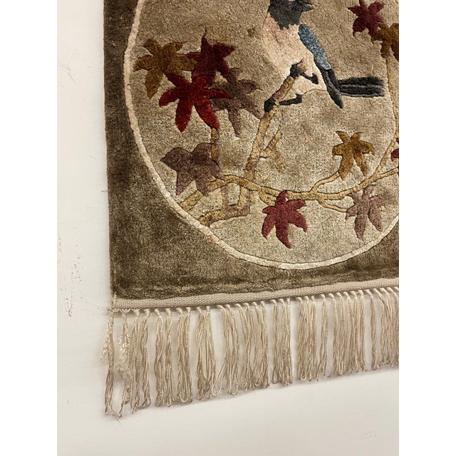 1970s Vintage Hand-Tufted Textile Wall Hanging With Bird and Autumn Leaves Motif, Fringed Decor Panel For Sale - Image 5 of 11