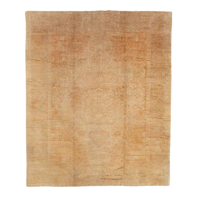 Galerie Shabab Collection Early 20th Century Handmade Turkish Oushak Room Size Carpet in Gold and Beige For Sale