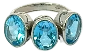Classic 3 Stone Blue Topaz 7.24 Carat Oval Ring Set in Sterling Silver - Size 7.5
