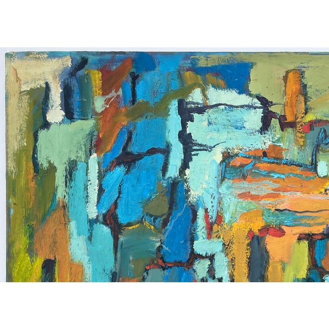 This is a wonderful abstract expressionist acrylic on canvas painting in many hues of turquoise, blues, greens, oranges,...