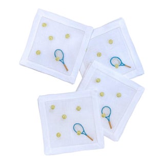 Hand Embroidered Tennis Cocktail Napkins- Set of 4 For Sale