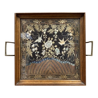 Antique Textile Framed Tray With Brass Handles For Sale
