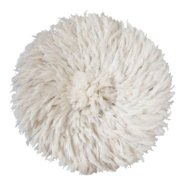 21-Century Modern Cream White Juju Hat , Modern Handmade Feather Décor in White For Sale