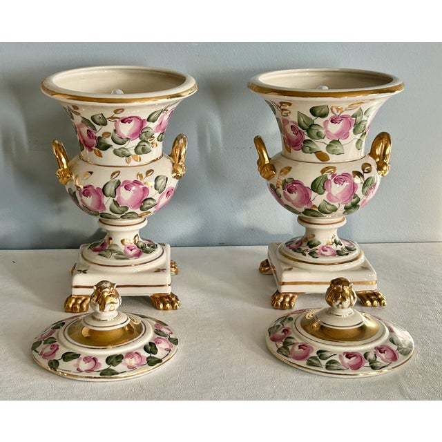 Vtg. Pair of Italian Charleston Line Porcelain Lidded Lamp W/Roses For Sale - Image 11 of 13